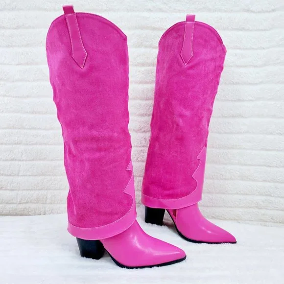 Branded Fuchsia Pink Skirted Fold Over Western Shark  Knee High Cowgirl Boots - Picture 8 of 11